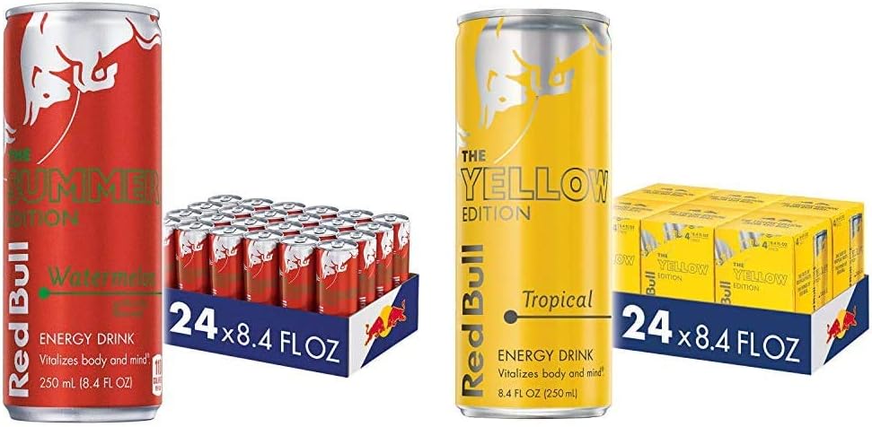 Red and Yellow Edition Watermelon and Tropical Energy Drink Bundle, 8.4 Fl Oz, 48 Cans