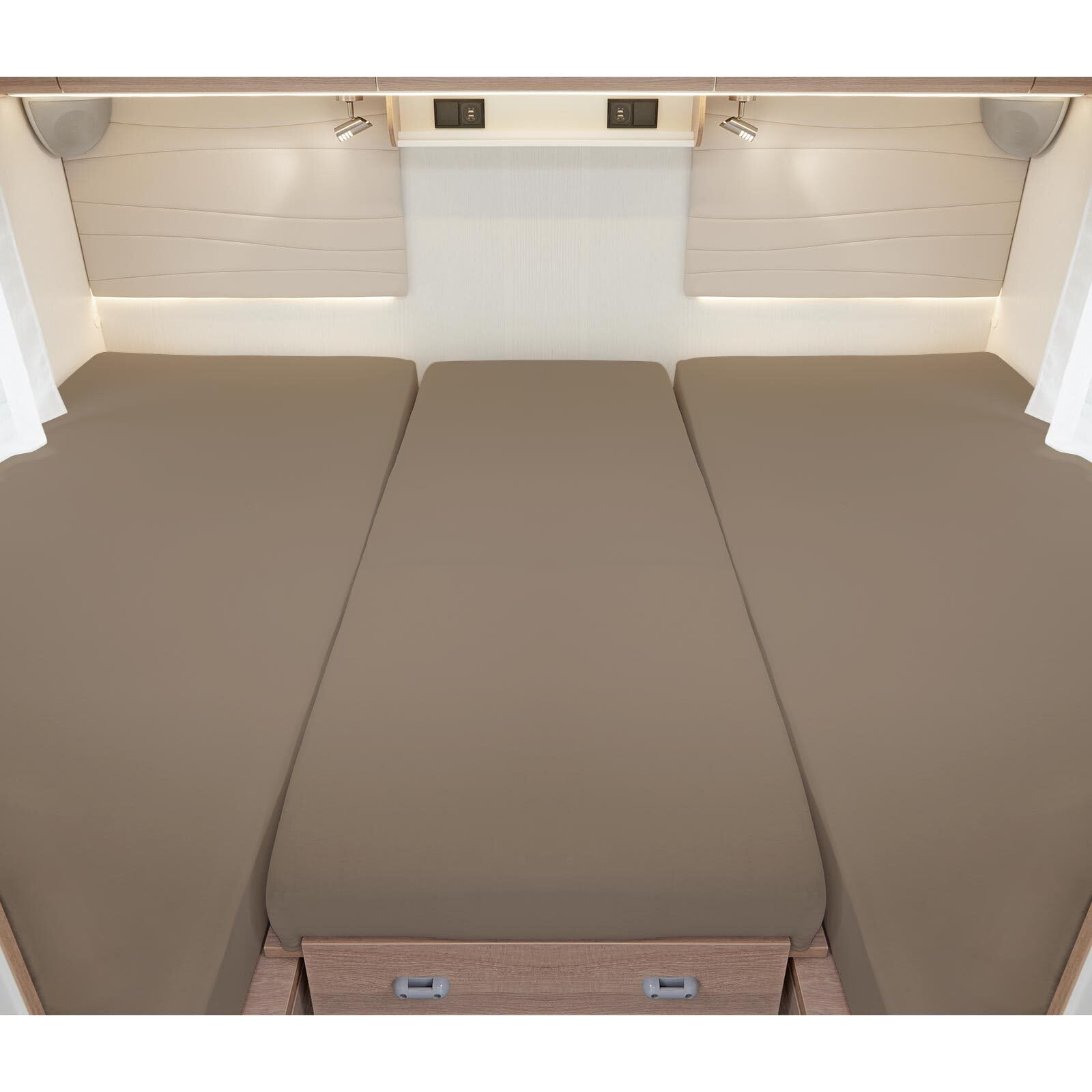 G BETTWARENSHOP – Spannbettlaken für Wohnmobile & Wohnwagen – Spannbetttuch Set 3-teilig – Jersey Bettlaken für Heckbetten 2 Längsbetten + Mittelteil, Taupe