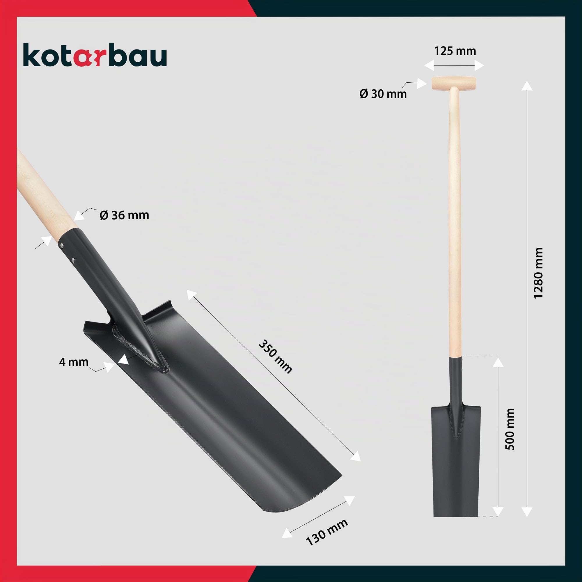 KOTARBAU® Vanga di drenaggio 380 x 147 mm per manico di 38 mm diametro lama in acciaio lunga stretta per trapiantare con manico in legno