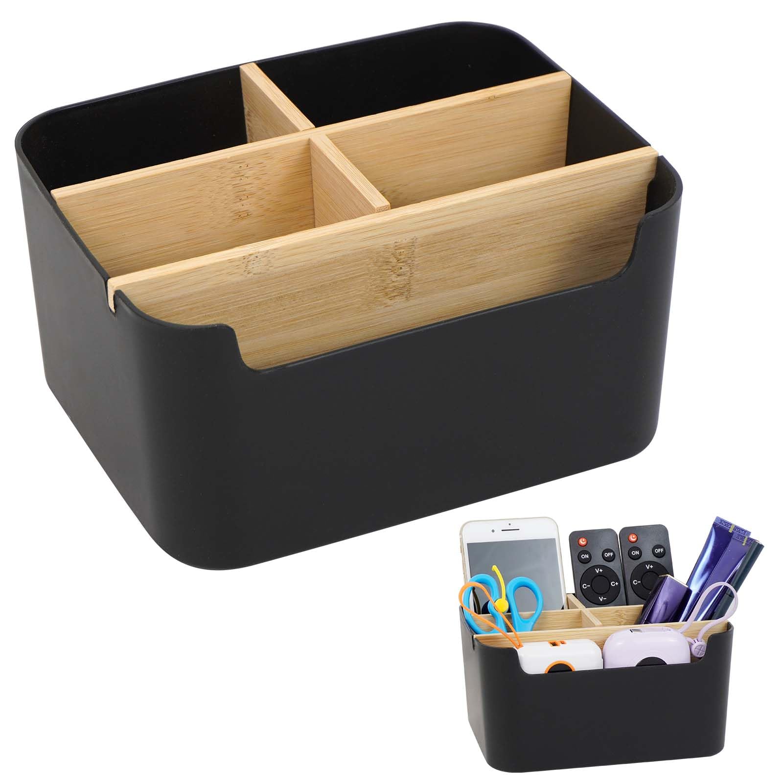 KNJOMZIE Schreibtisch Organizer aus Bambus, 5 Fächer Abnehmbarer Büro Organizer in Schwarz, Stiftehalter Holz Aufbewahrungsbox für Büro, Schule, Kosmetik, Fernbedienung & Kleine Gegenstände