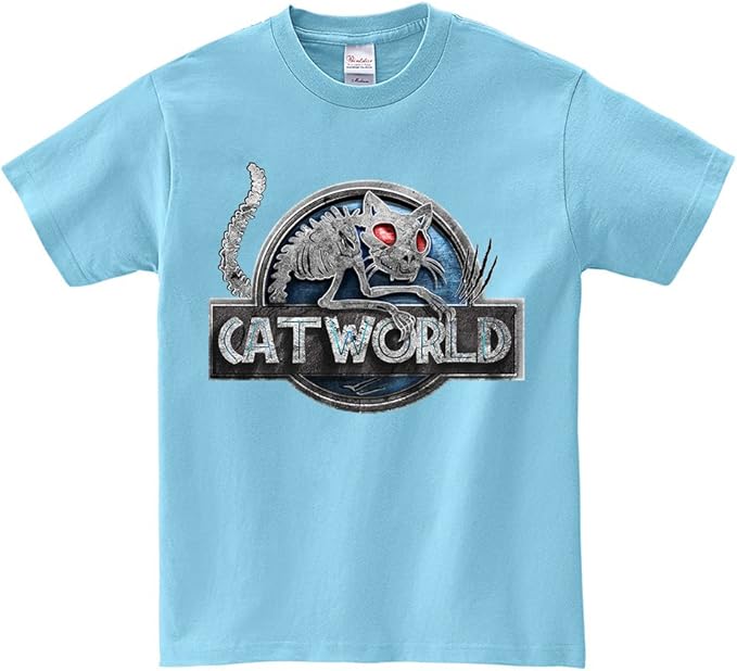 Amazon ノーブランド品 キャットワールド 猫 ロゴ猫 ネコ ロゴ ライトブルー Lサイズメンズ半袖tシャツ Tシャツ カットソー 通販