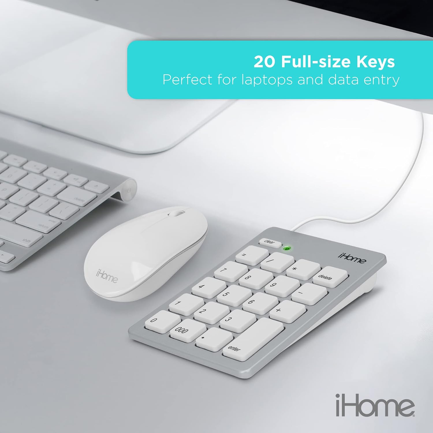 iHome Wired USB Numeric Keypad for Apple Mac iMac MacBook Pro/Air Laptops and Desktop Computers, Slim Compact and Portable, Wide 20 Key Numerical Numpad, Silver