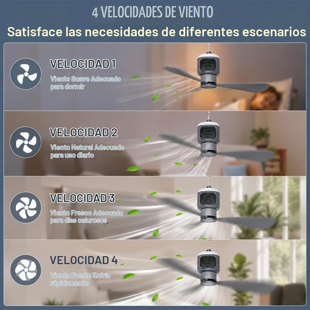 Lámpara Ventilador Techo con Luz LED,12000mAh Batería,USB,Temporizador