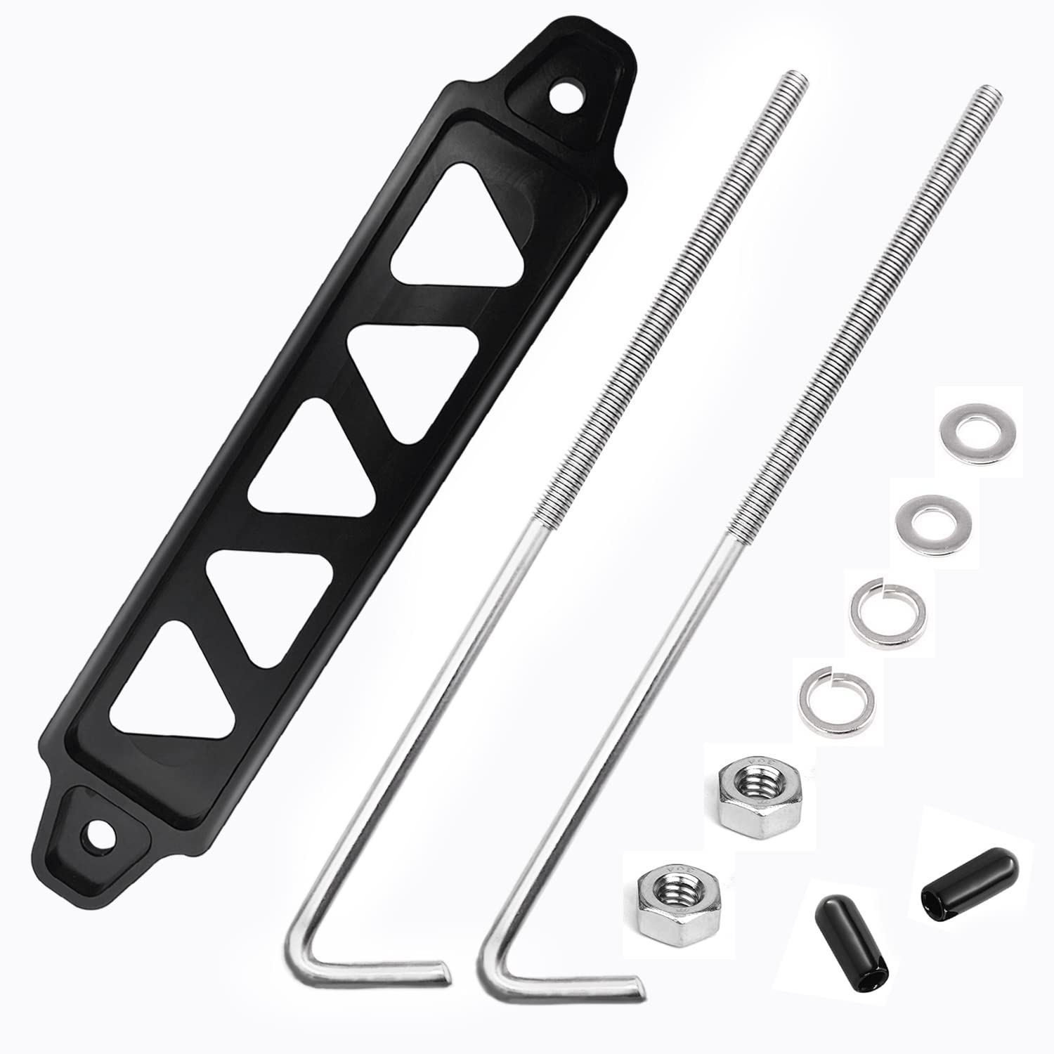TnisesmBlack Billet Aluminum Battery Hold Down Bracket with 18-8(304) Stainless Steel 10 inch Bolts J Bolts