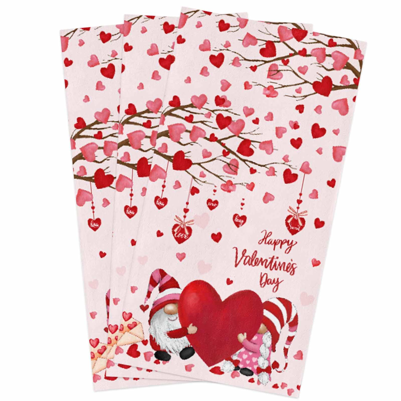 Happy Valentine's Day Kitchen Towels,Gnomes Red Heart Pink 18x28 Inches Soft Kitchen Dish Cloth, Love Tree Cotton Tea Towels/Bar Towels/Hand Towels,(3 Pack)