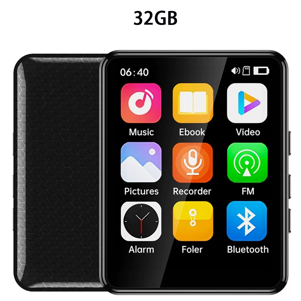Reproductor MP3, Sonido de 2,4 Pulgadas, Altavoz Integrado, función de grabación, Resistente al Agua, fácil de Transportar, Ideal para Viajes y Senderismo, Negro, 32GB
