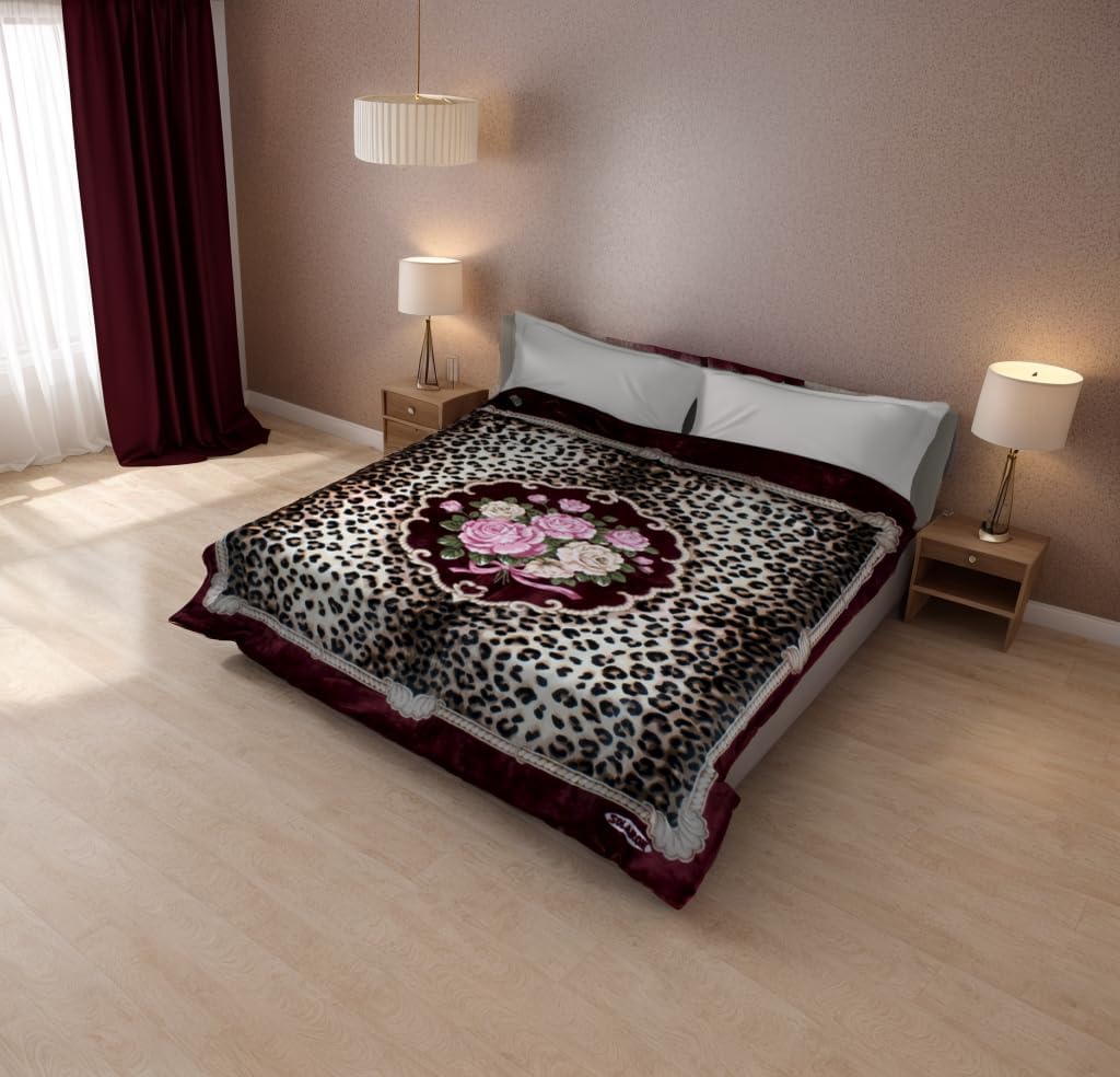 SOLARON Korean Super Thick Heavy Weight Ultra Silky Soft Mink Heavy Duty Reversible Blanket Bed comforters bedspreads Bedding Comforter King or Queen (Queen, 109 Leopard Burgundy)