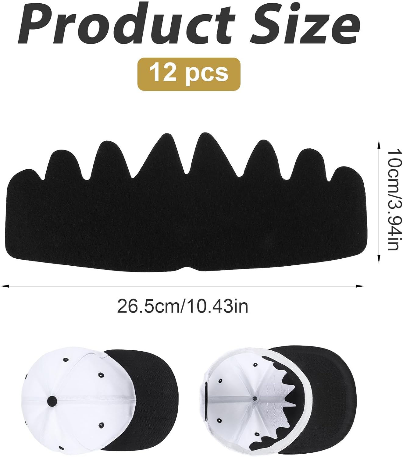 Hat Shaper Insert, 12Pcs Hat Insert for Baseball Caps and Sun Hats, Washable and Reusable Sweat Absorbing Liners Maintain Hats Shape (Black)