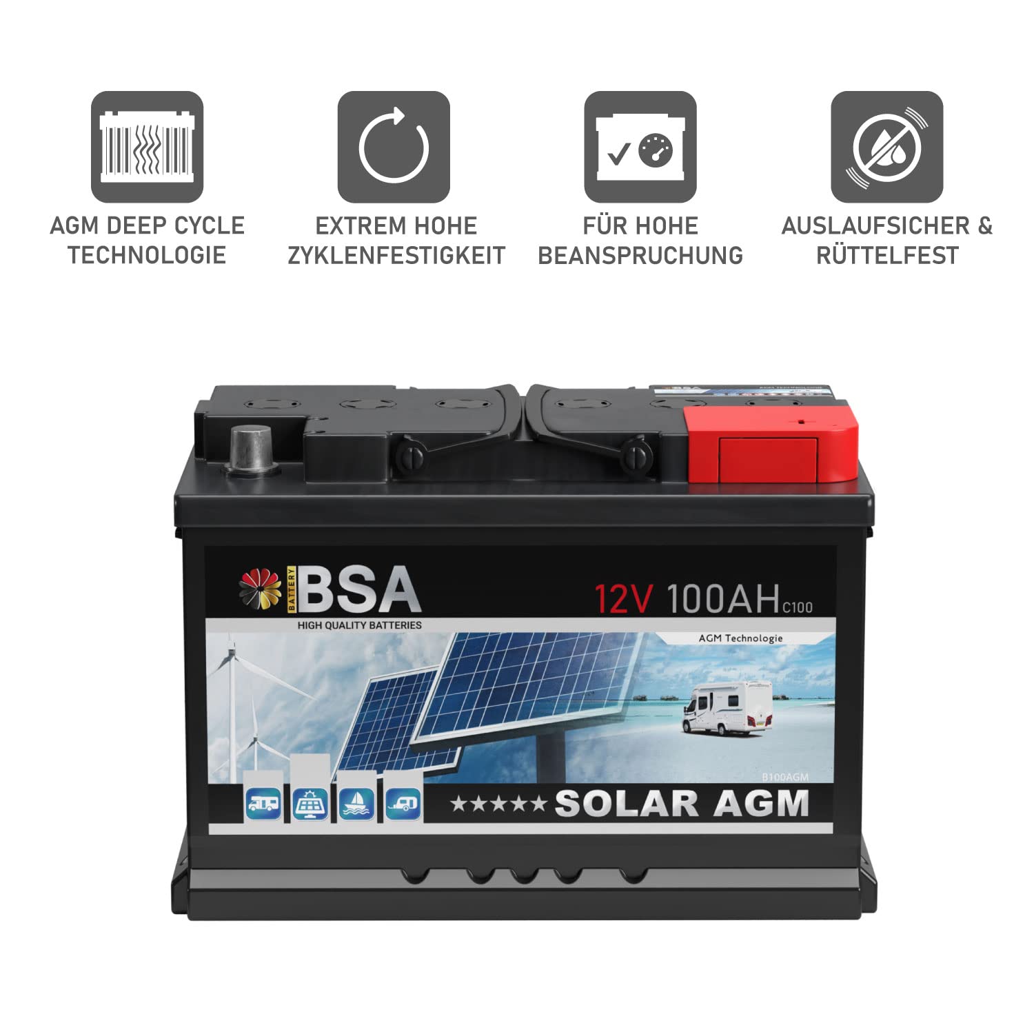 BSA AGM Batterie 100Ah 12V Solarbatterie Deep Cycle Wohnmobil Bootsbatterie zyklenfeste wartungsfreie VRLA Batterie