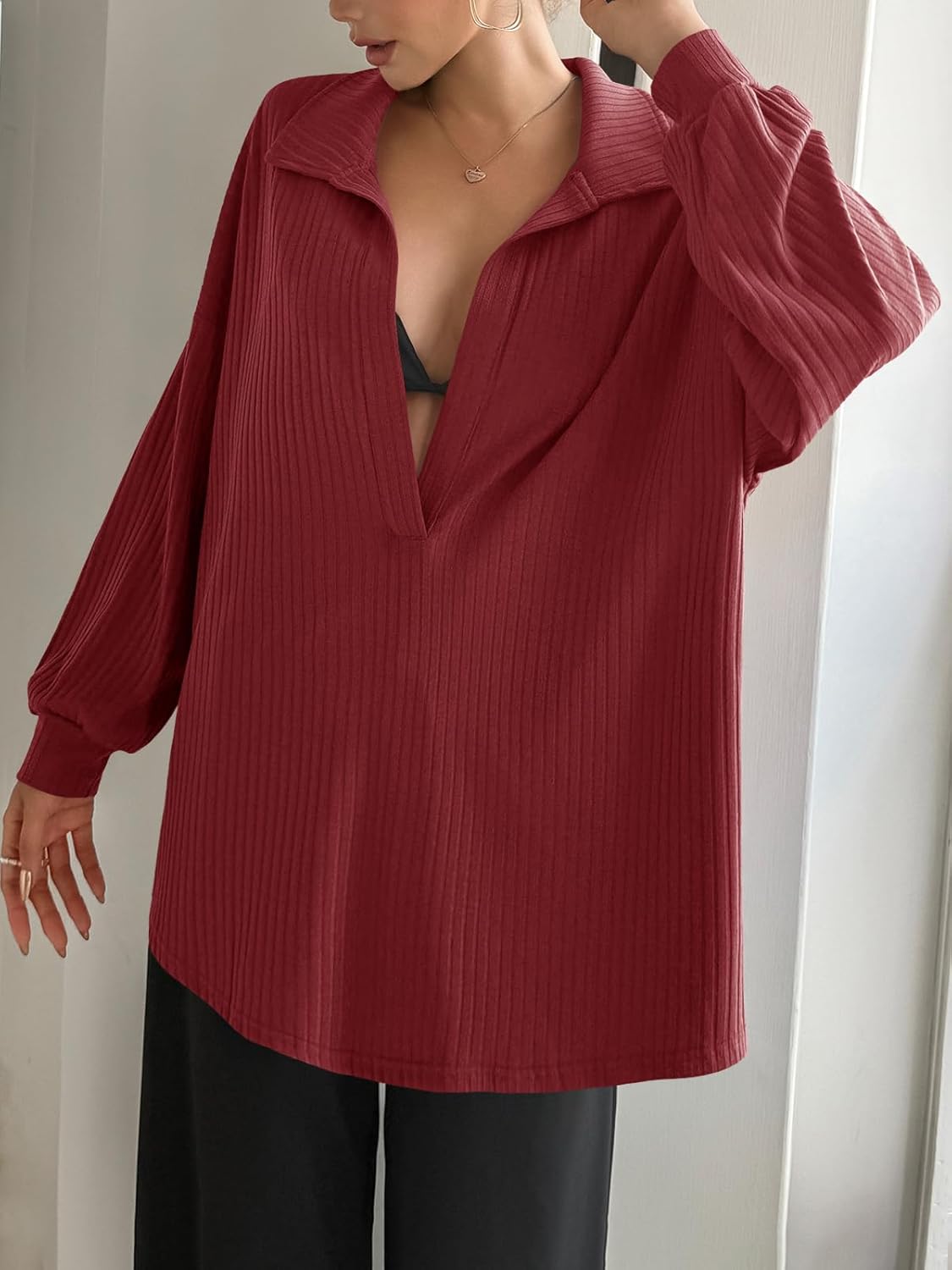 Fisoew Womens Oversized Deep V Neck Sweatshirts Casual Collared Long Sleeve Ribbed Knit Pullover Tops - Image 3