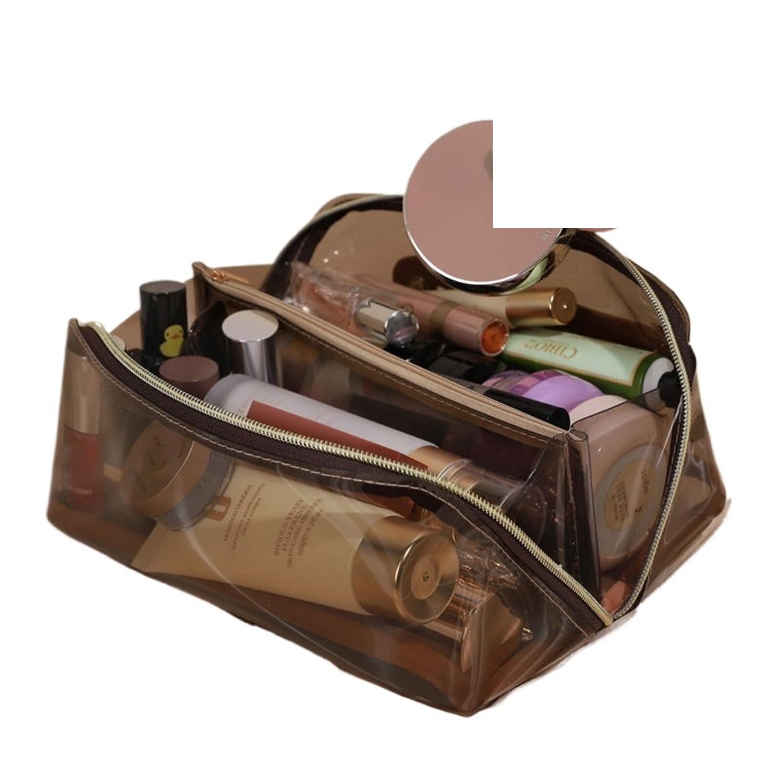 1 borsa trasparente for trucco da donna, cuscino di grande capacità, organizzatore viaggio, for il, toilette portatile, for cosmetici, borse con cerniera Per Viaggi(Brown)