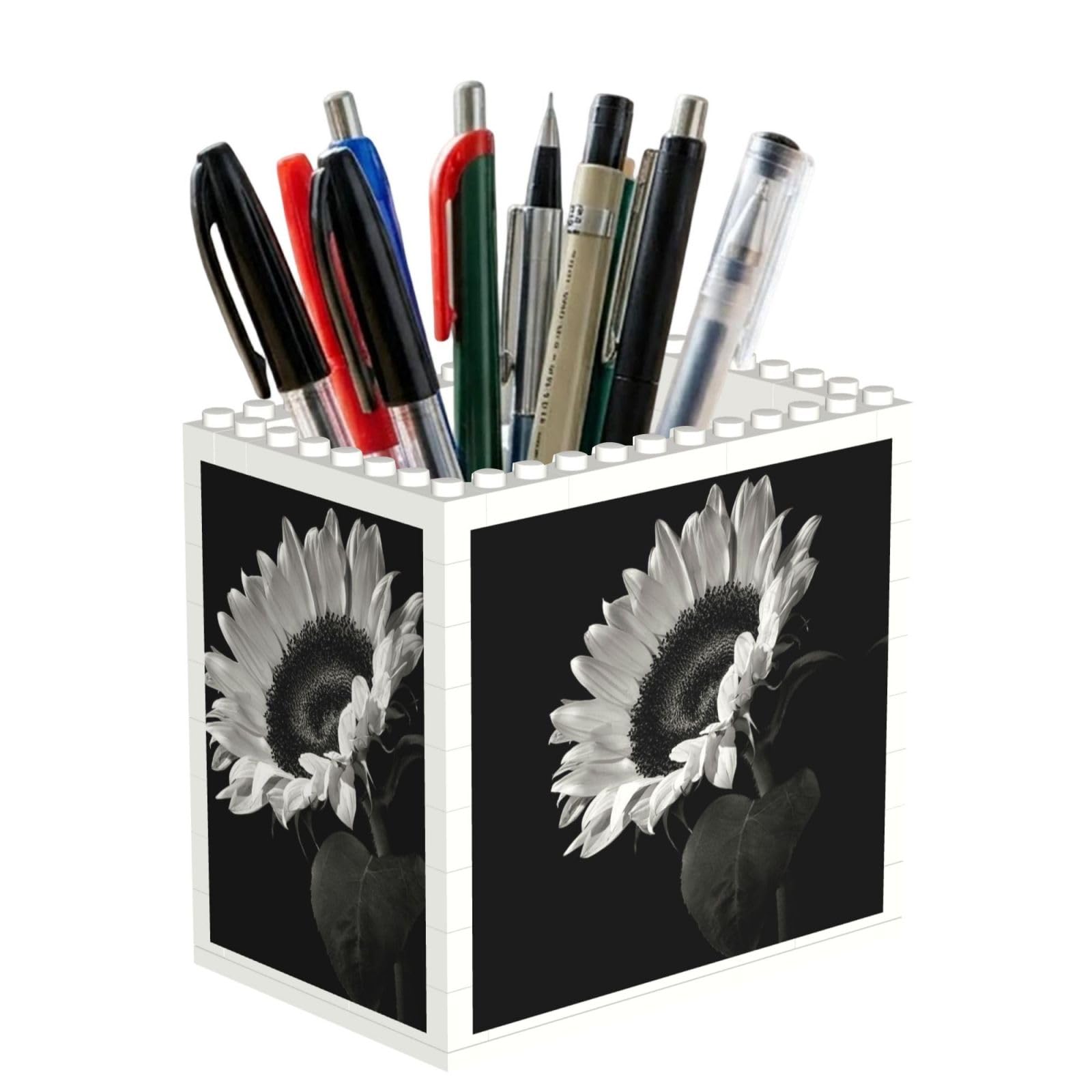 SATUSA Sunflower Black Grey Print Building Block Texture Pen Holder - Pencil Holder For Desk Pen Organizer,Aesthetic Desk Accessories For Women(1pcs)