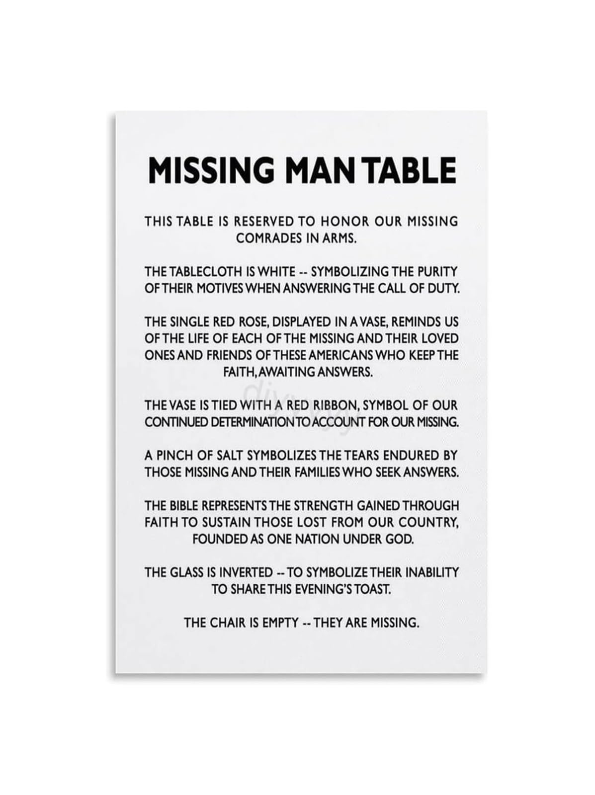 REIUAFWYGV Missing Man Table Poster Fallen Soldier Memorial Sign POW MIA Tribute Veterans Day Wall-Art for American Patriotic Home Decor