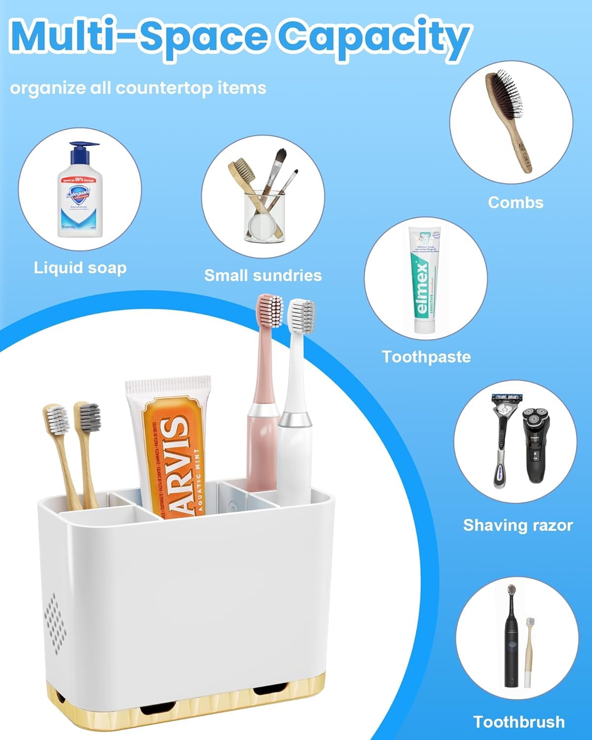 5 Slots Detachable Toothbrush Holder Set - for Bathroom Countertop, White and Gold - Image 9