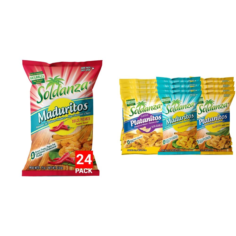 soldanzaPepper Sweet Plantain Chips, 2.5 Ounce (Pack of 24) + Soldanza Plantain Chips, Variety Pack 2.5 oz (Pack of 12) 4 x Salted, 4 x Ripe, 4 x Garlic