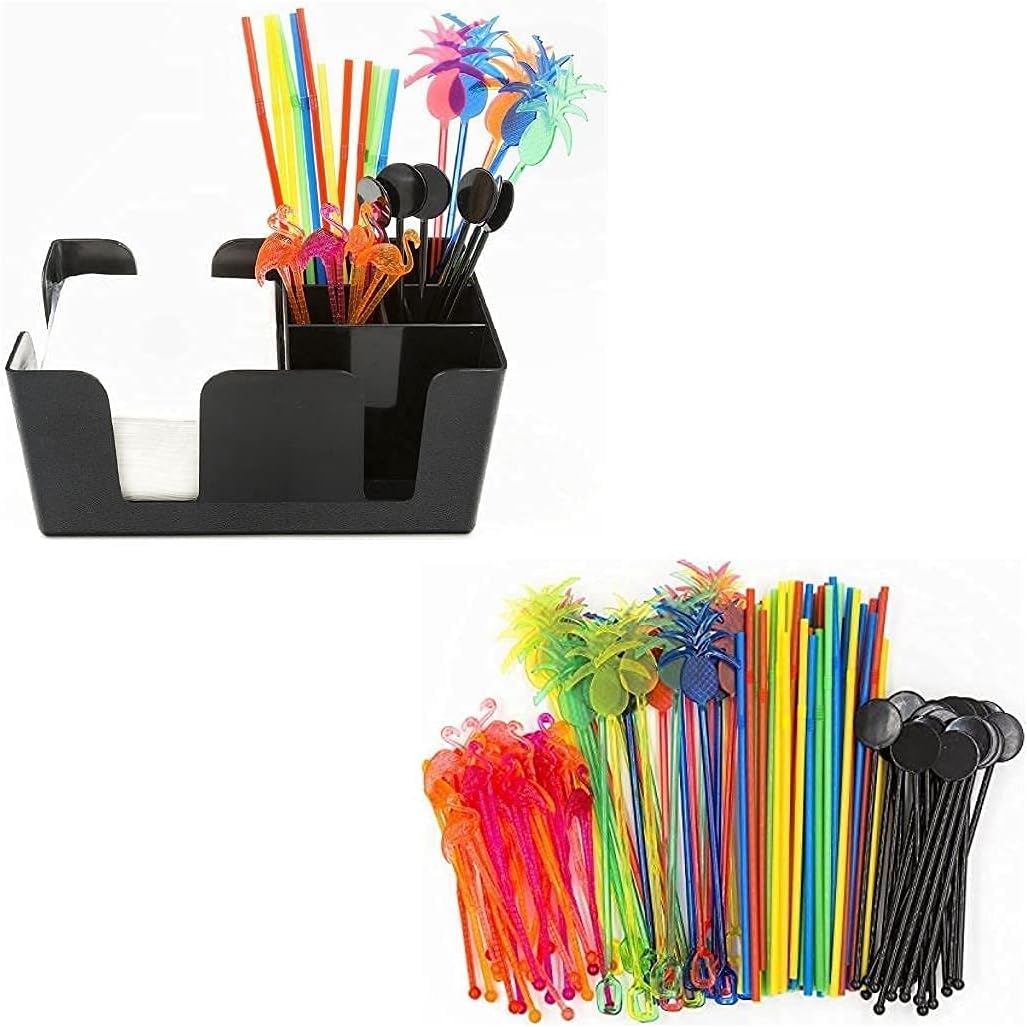 Bar Caddy Bundle - Bar Caddy (6 Compartments) – Bar Supplies Included – All Set and Ready To Go – Includes Napkins, Cocktail Straws, and Swizzle Sticks Plus Bar Caddy Supplies (120 Pack)
