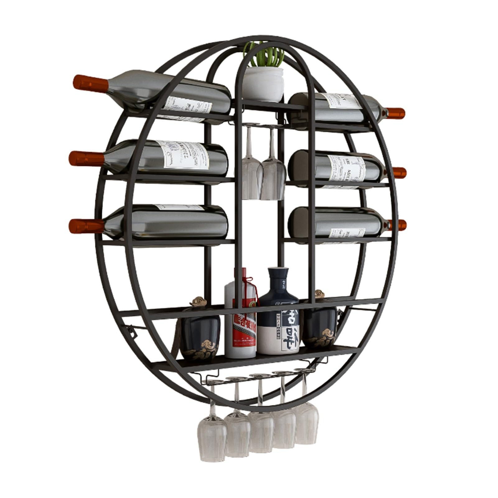 Présentoir de rangement pour le vin mural rond en métal et porte-bouteille bar