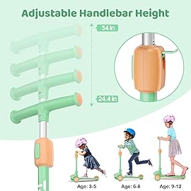 TONBUX Kids Scooter, Light Up 3 Wheel Kick Scooters for Kids 3-12, Folding Scooters with Adjustable Height - Toddler Scooter Lean-to-Steer & Widen Anti-Slip Deck-Mint