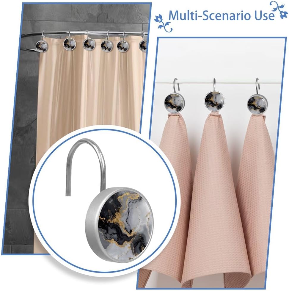 12 Pcs Shower Curtain Hooks, White Black Gold Marble Rustproof Decorative Metal Round Shower Curtain Hangers Rings for Bathroom Bedroom Living Room Rods