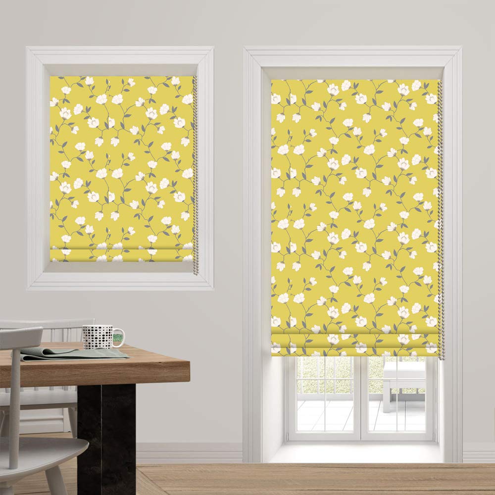 ArtdixRoman Shades Blackout Window Shades - Yellow White Floral Fabric Light Filtering Custom Roman Shades Blinds for Windows, Doors, French Doors, Kitchen Windows (1 Piece)