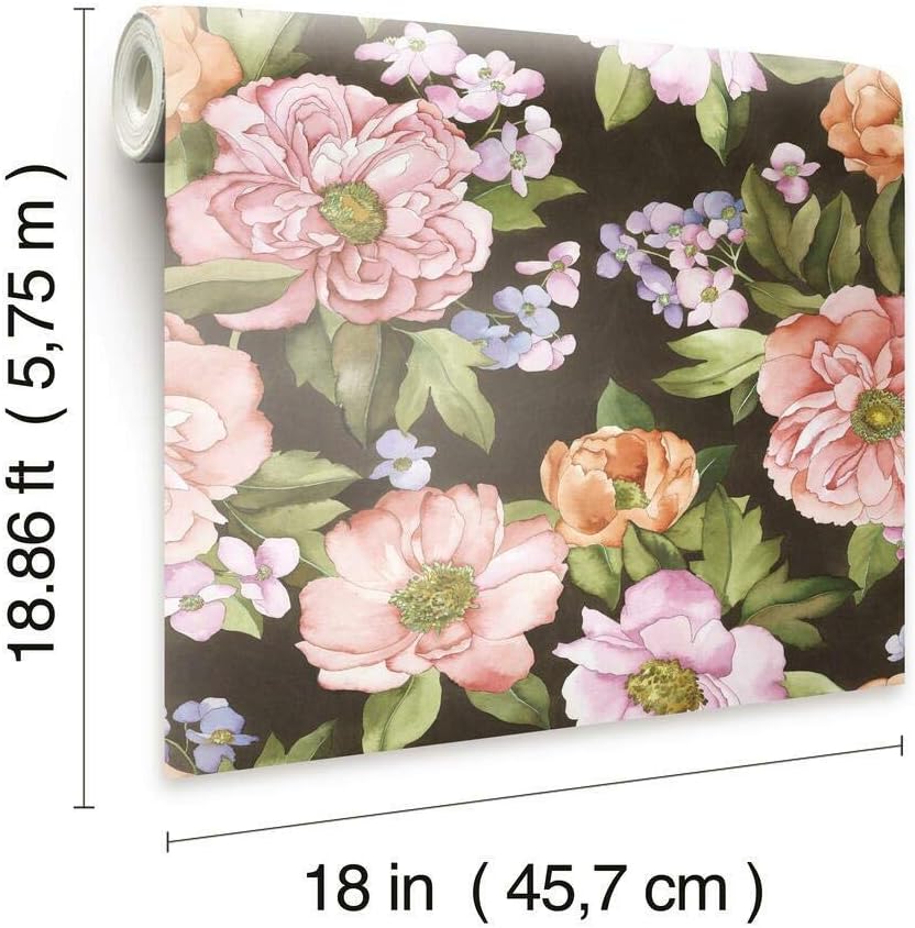 RoomMates RMK11447RL Black and Pink Watercolor Floral Bouquet Peel and Stick Wallpaper