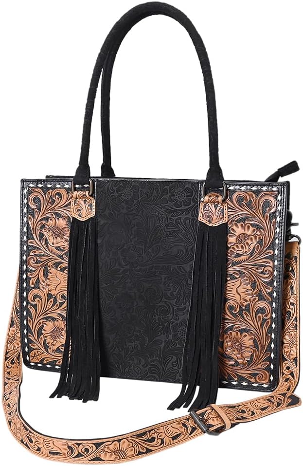 American Darling Western Tote Bag Hand-Tooled Floral Genuine Leather Handbag with Fringes and Buck Stitching