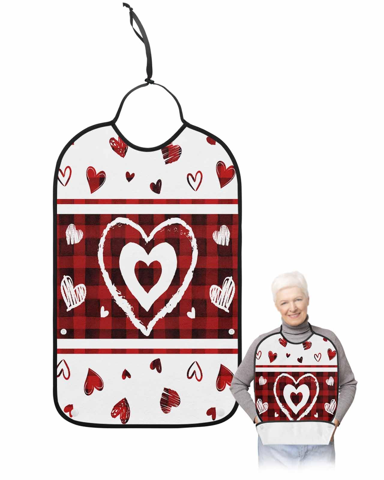 Onekaccu Valentine's Day Adult Bibs for Elderly Women Men Washable Bibs for Eating, Red White Buffalo Plaid Love Heart Waterproof Clothing Protectors Adult Bibs with Crumb Catcher