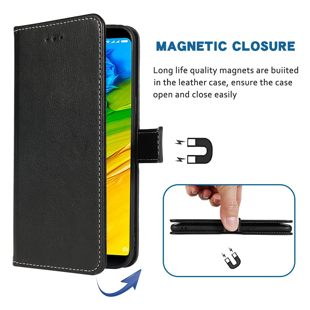 Compatible with Xiaomi Redmi Note 5 Wallet Case Wrist Strap Lanyard Leather Flip Cover Card Holder Stand Cell Accessories Phone Cases for Xiami Xiomis Xiome Xiomi Redmi notet5 Black