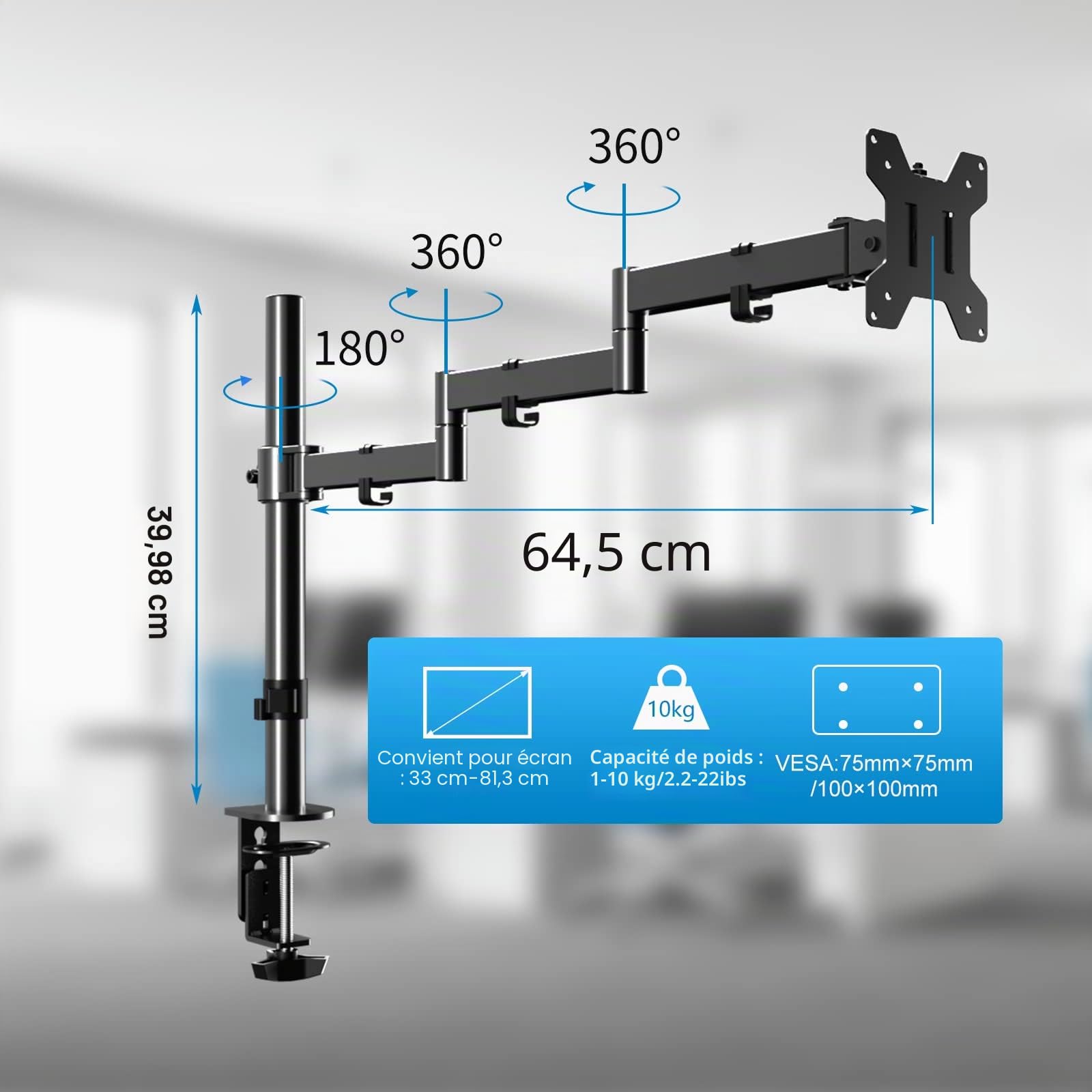Support Ecran PC, Bras Ecran PC pour Écran LCD/LED 13-32 Pouces, VESA 75mm et 100mm Poids Max 8KG, Bras Articulé écran PC, Pivotement 180° Rotation 360° Longueur Totale des Trois Bras 71cm - MD9431