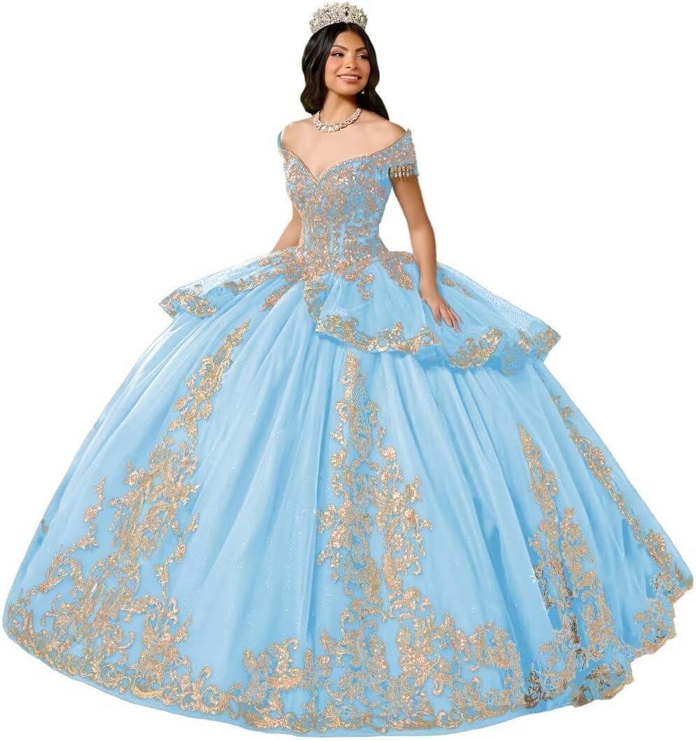 Yifanier Puffy Tulle Quinceanera Dress with TRAI 3D Gold Lace Appliques Sparkly Lace Applique Quinceanera Dresses MT039