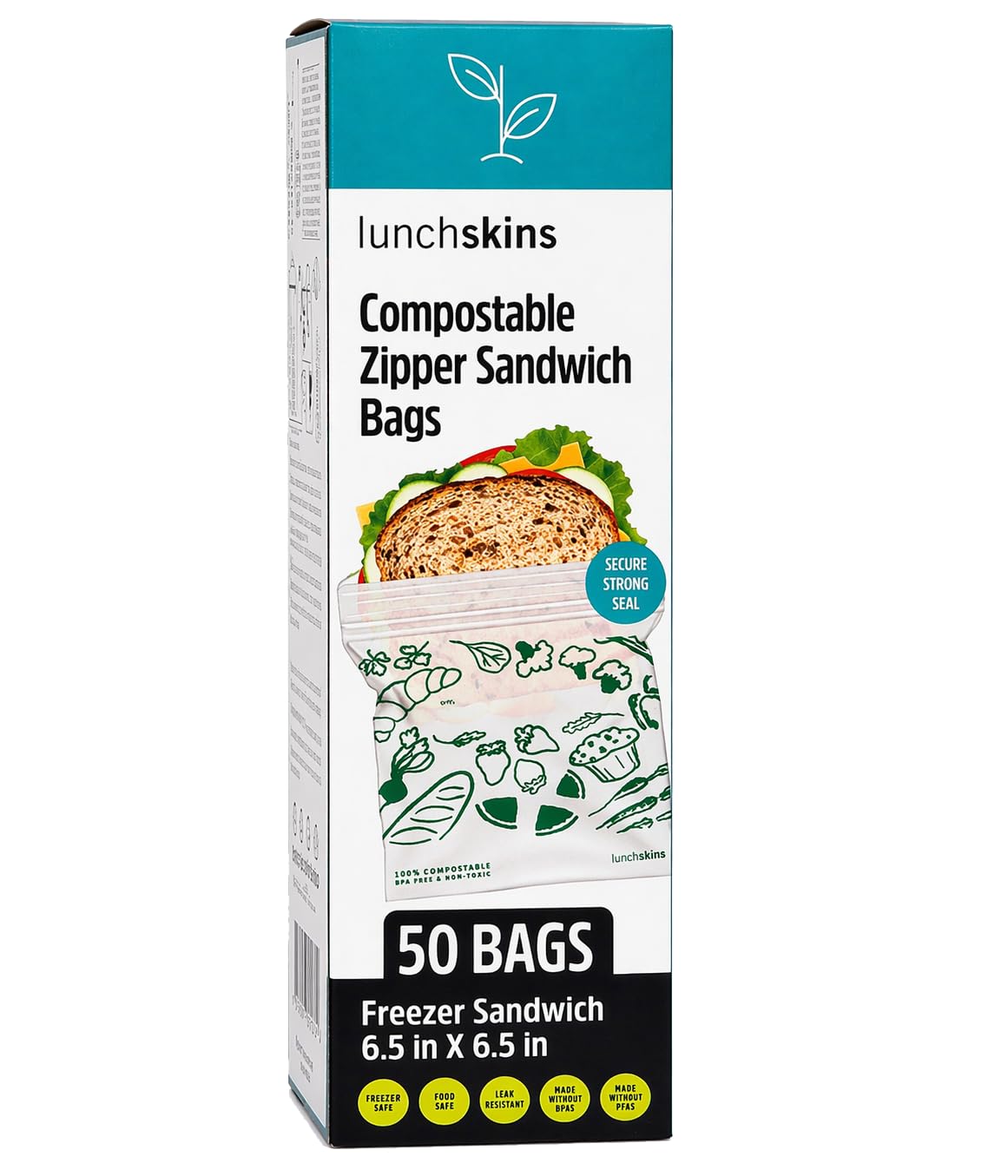 Lunchskins White Ziptop Compostable Resealable Freezer-Safe Food Storage Bags, Sandwich, 50 Count