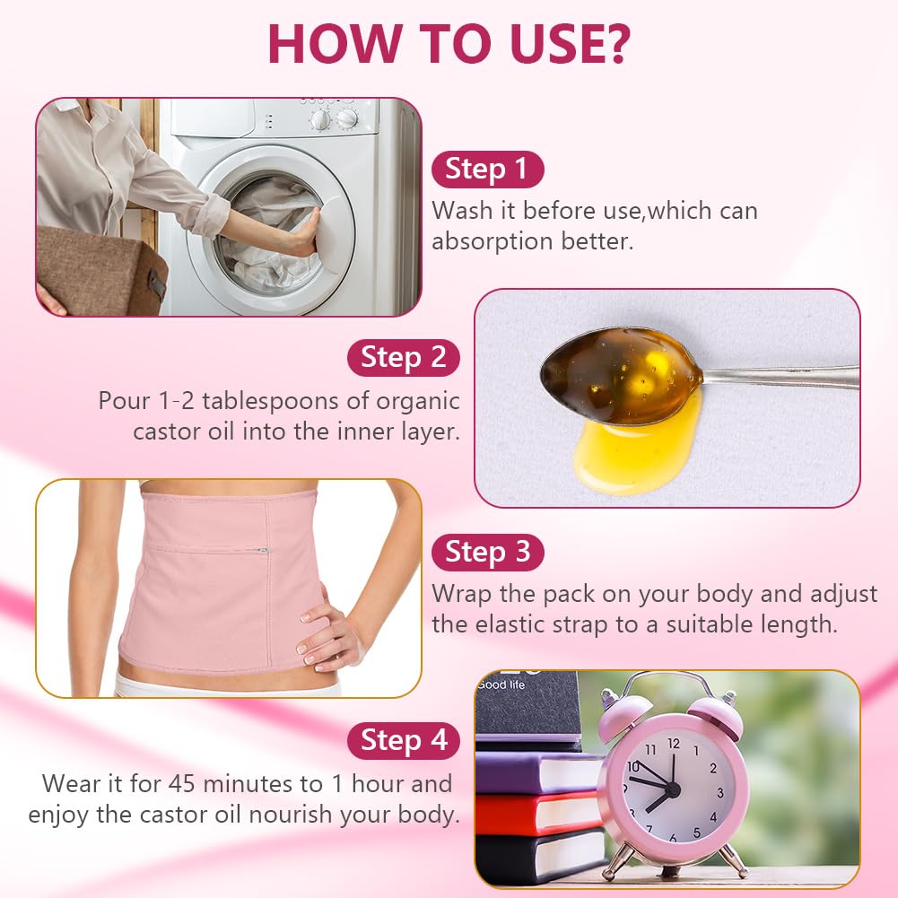 AOOWU 2 PCS Paquete de Aceite de Ricino, Reutilizable Kit de Aceite de Ricino, A Prueba de Fugas, Envoltura de Aceite de Ricino Favorece La Absorción Del Aceite de Ricino, Ayuda A Dormir, Rosa