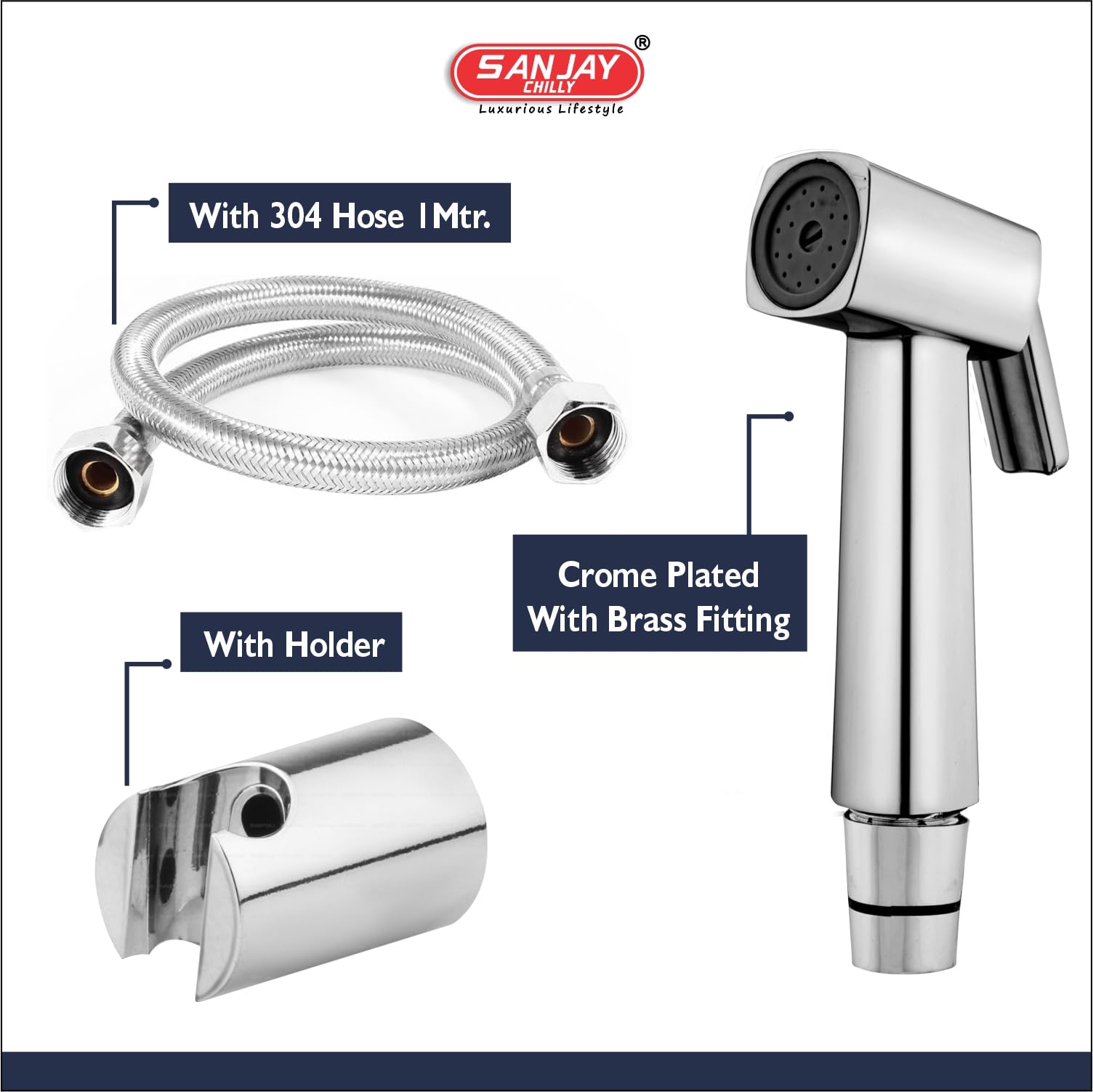 Sanjay Chilly Health Faucet Beam Jet Spray for Toilet ABS Body Stainless Steel 304 Grade High Pressure Water for Bathroom 1 Meter Flexible Hose Pipe and Wall Hook Chrome Finish 2
