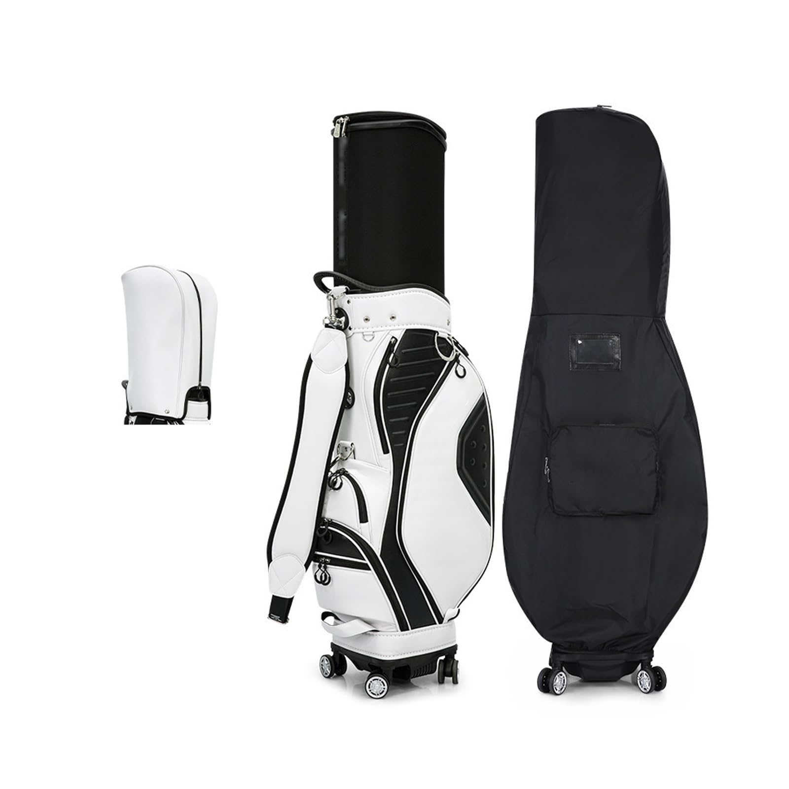 Torba golfowa z 8 górnymi przegródkami, ergonomiczna, chowana torba na kije golfowe z kółkami, pokrowcem przeciwkurzowym, paskiem plecaka i górnymi przegródkami(White)