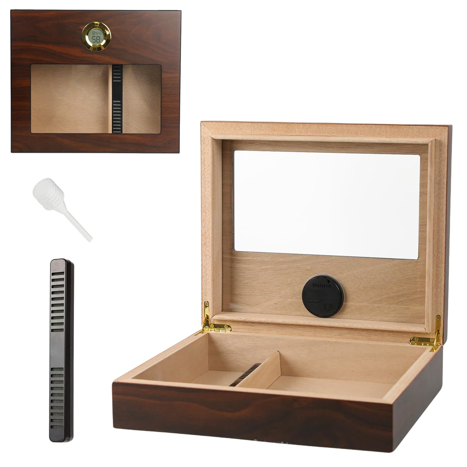 JOSTART Cave à cigares, 20-25 en bois de cèdre avec humidificateur, hygromètre, cadeau de Noël ou d'anniversaire pour papa, mari, grand-père, super étanche, boîte à cigares en verre avec séparateur