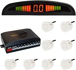 Riloer Kit de radar de ré de segurança dianteira e traseira do carro, visor de LED, alarme sonoro, 8 sensores, sensor de estacionamento dianteiro e traseiro, alerta para carros (branco)