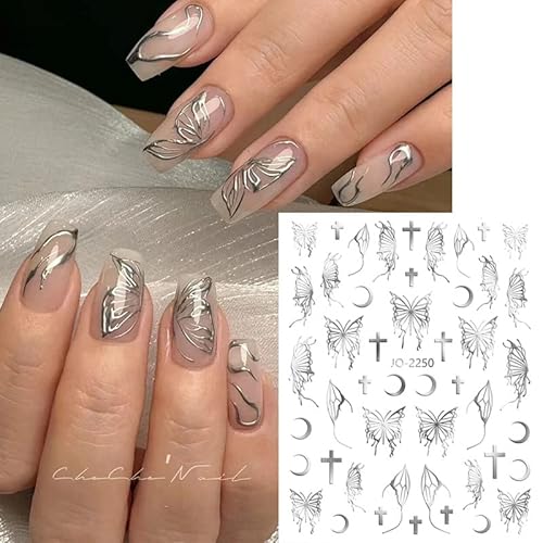 3D Butterfly Nail Art Stickers Self-Adhesive Nail Decals Laser Silver Black Butterfly Nail Decals Metallic Butterfly Nail Stickers For Nails Diy Women Nail Accessories Nail Decor 6Pcs #TOP2