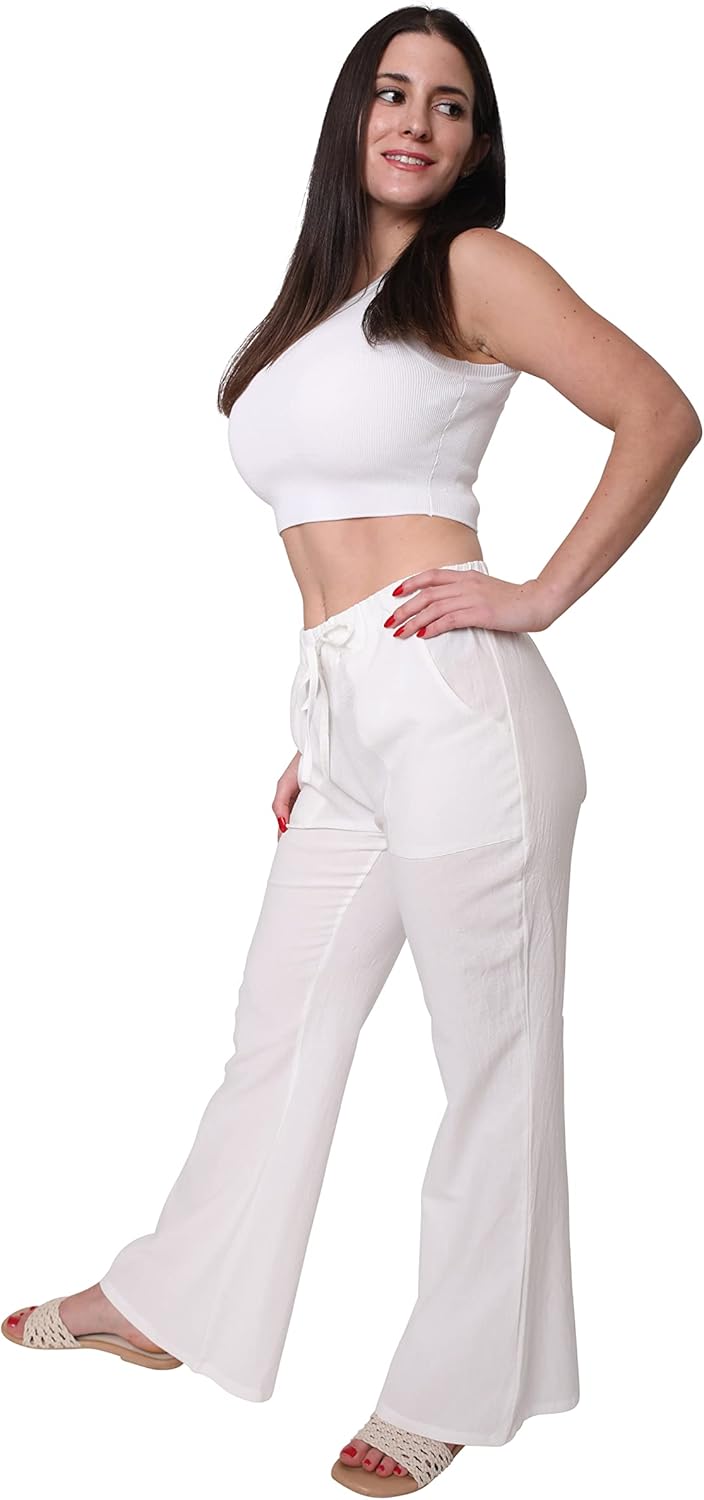 Unlimit Womens Casual Pants Wide Legs Cotton Linen, Soft Comfy Long Lounge Pants for Summer, Elastic Waist Trousers w Pockets - Image 2
