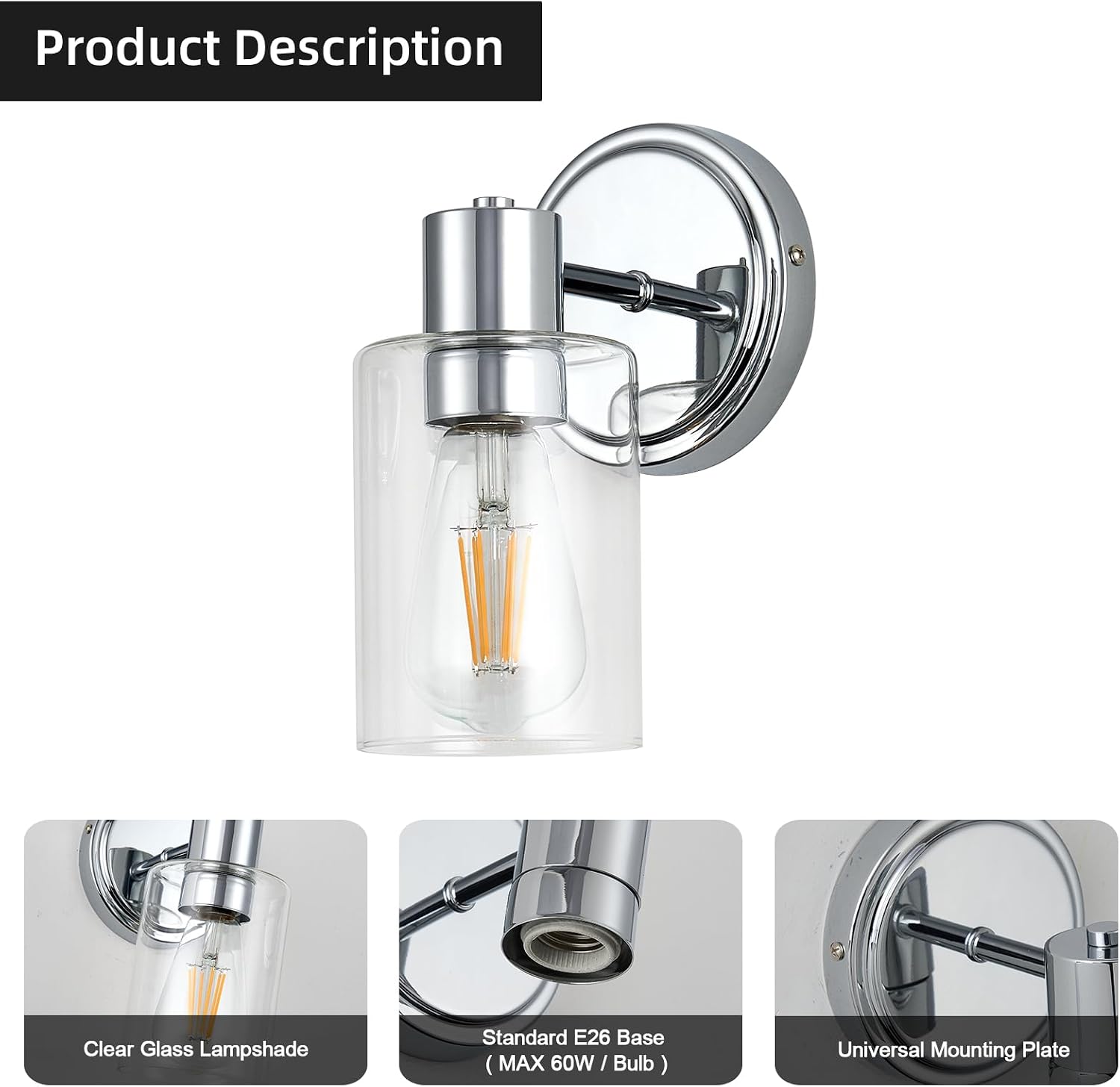 2 Light Bathroom Wall Sconce Light Fixtures with Clear Glass Bathroom Wall Lights Over Mirror Vanity Lights Chrome with E26 Base