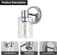 Vista 3 de Apliques de Pared de Baño de 2 Luces con Cristal Transparente, Luces de Pared de Baño Sobre Espejo, Luces de Tocador Cromadas con Base E26