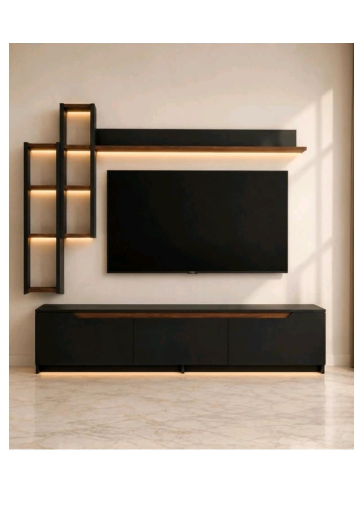 homebright wall-mounted tv unit with side shelves, 180x40.5 cm, walnut | led backlit shelves, 3-door storage cabinet, wall shelf included, living room furniture, black & walnut finish