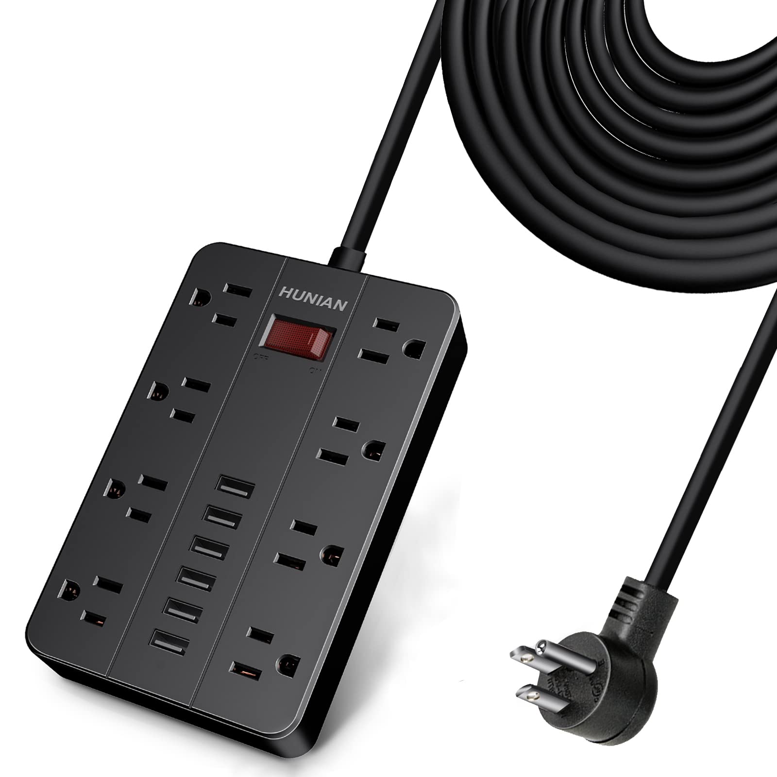 15 Ft Long Extension Cord Power Strip Surge Protector, HUNIAN Flat Plug with 8 Widely Spaced Outlets 6 USB, Wall Mount Charging Station for Home and Office, Black