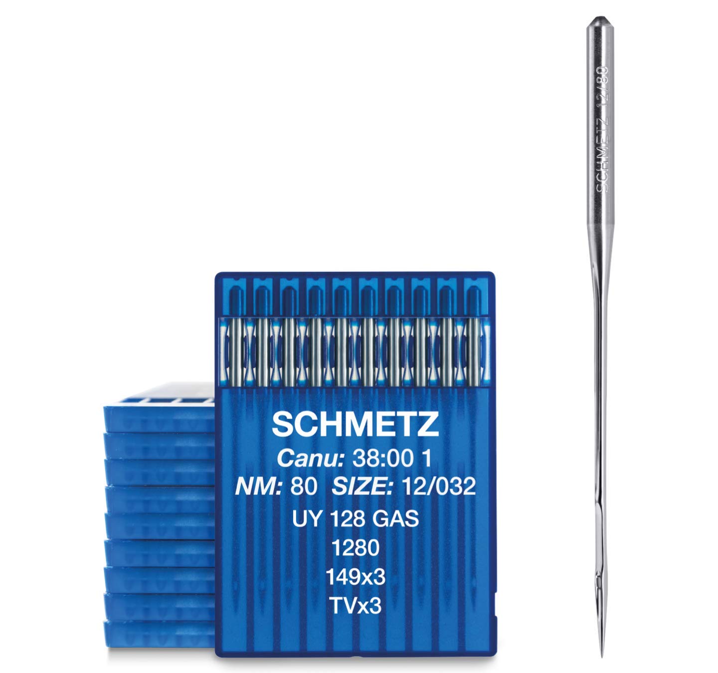 SCHMETZ 100 igieł z okrągłą kolbą do przemysłowych maszyn do szycia, system UY 128 gaz / TVx3 / 149x3 / 1280, grubość drutów 80/12