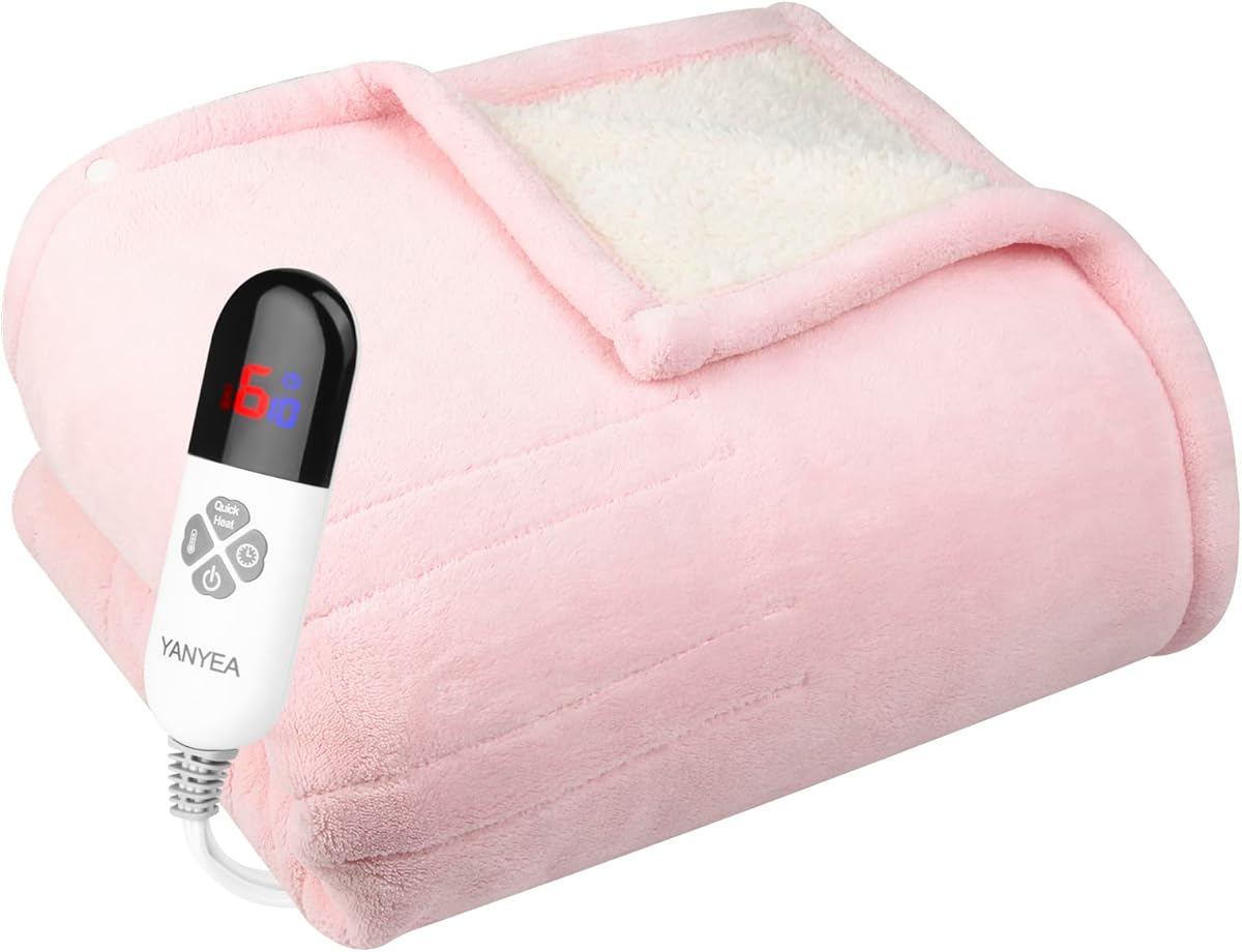 Electric Heated Blanket Sherpa Twin Size 62"x84" Pink Machine Washable 6 Heat Settings 10 Hours Auto Off Overheat Protection for Home Office Use