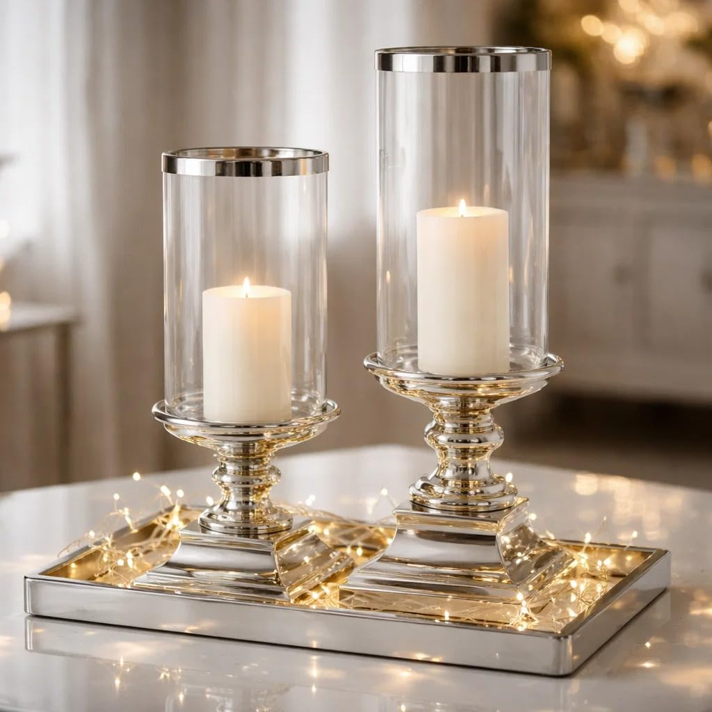 Eckig Windlicht Kerzenständer Kerzenleuchter Kerzen Silber Keramik (Groß)