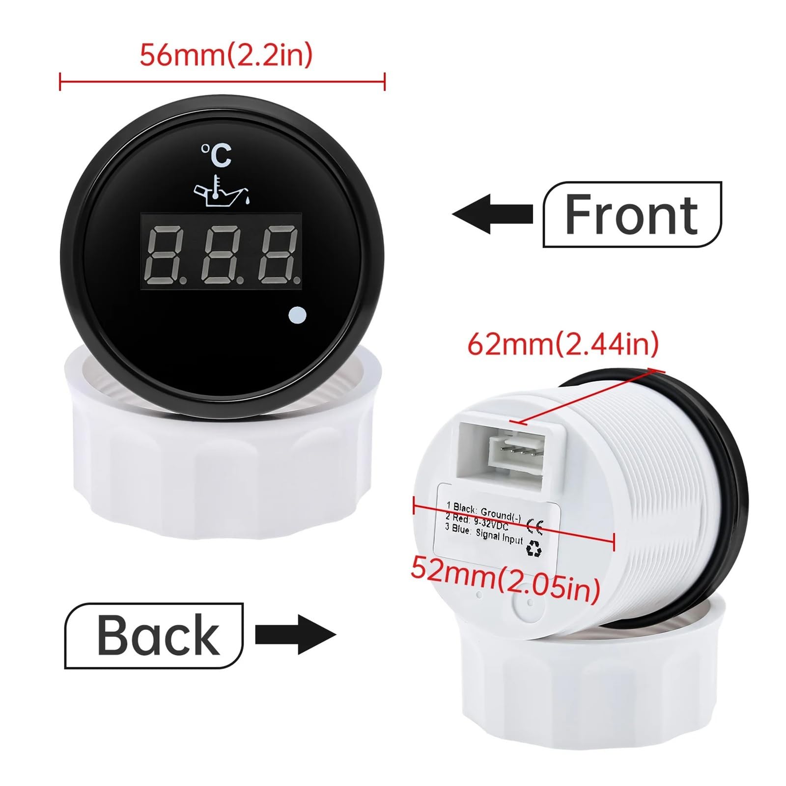 Medidor digital de temperatura del aceite de 52 mm con luz de alarma, medidor de temperatura del aceite del motor, 50-150 ℃ for camión barco Rv Lecturas claras(White)