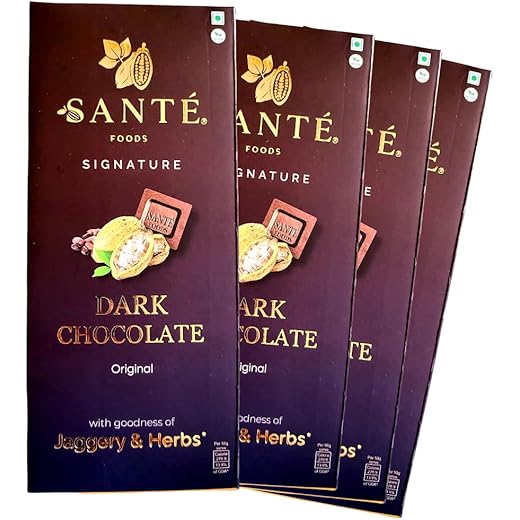 Sante Foods Jaggery Dark Chocolate - Original| Pack Of 4 X 50 Grams | No Added Sugar | Jaggery Sweetened |100% Vegan| Blended With Ayurvedic Herbs