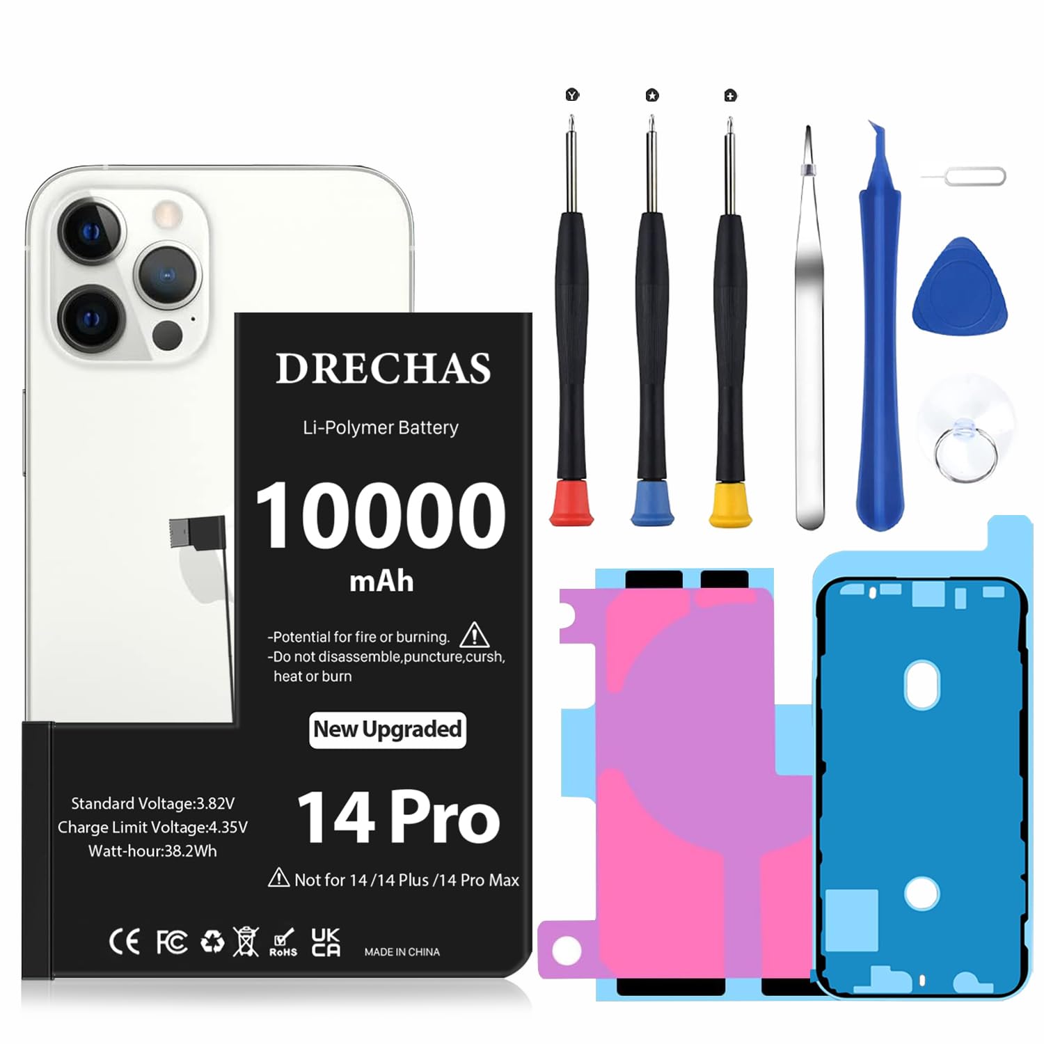 [10000mAh]Battery for iPhone 14 Pro, Upgraded High Capacity 0 Cycle Li-Polymer Replacement Battery for iPhone 14 Pro Models A2650, A2889, A2890, A2892 with Complete Professional Repair Tool Kit