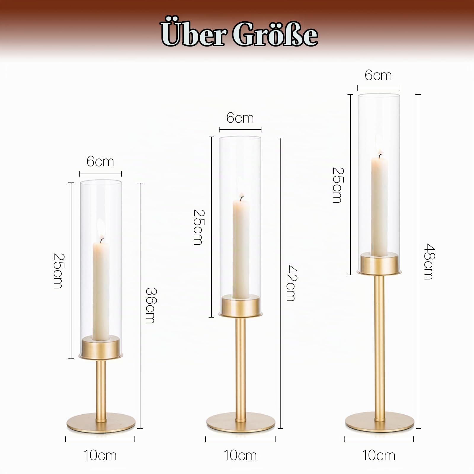6er Set Stabkerzenhalter Gold, Kerzenständer Glas | für Stabkerzen, Deko Hochzeit, Windlicht, Kerzenhalter mit Glaszylinder, Tischdeko