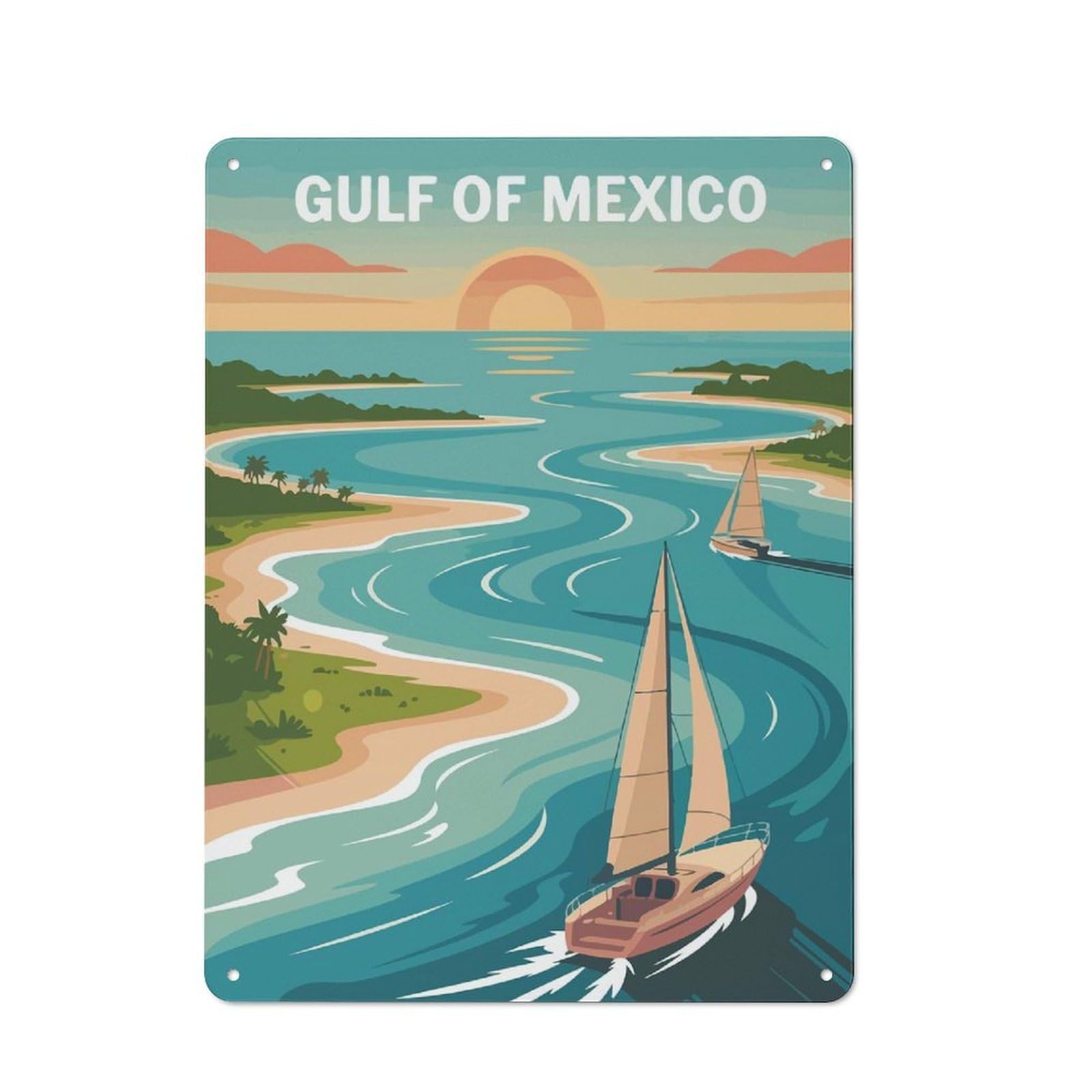 Junmoney Gulf Of Mexico Sailing Illustration Distressed Look Decorative Tin Sign 40X30cm, Retro Room Decor For Lounge, Study, Pub Or Wall Gallery